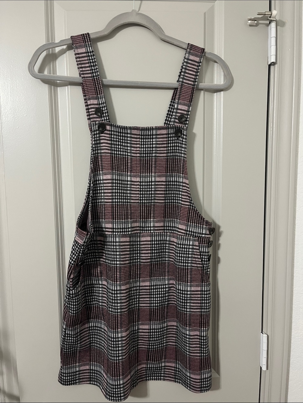 SO Plaid Mini Pinafore Dress in Black, White & Burgundy